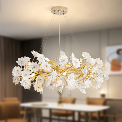 Gold Crystal Chandelier - Elegant Luxury Light Fixture with White Flower Design, 60cm & 80cm Sizes