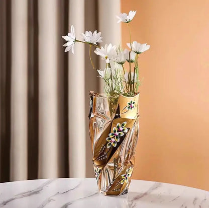 23Cm Thickened Glass Vase with Yellow Gold Floral Design - Modern European Luxury Decor