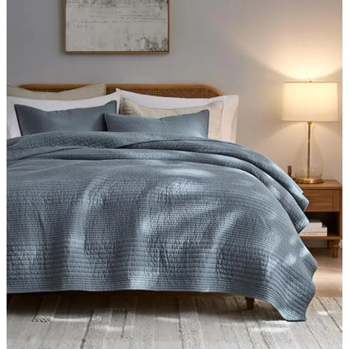 Blue-Grey Farmhouse Cotton Quilt Set – Lightweight All-Season Coverlet