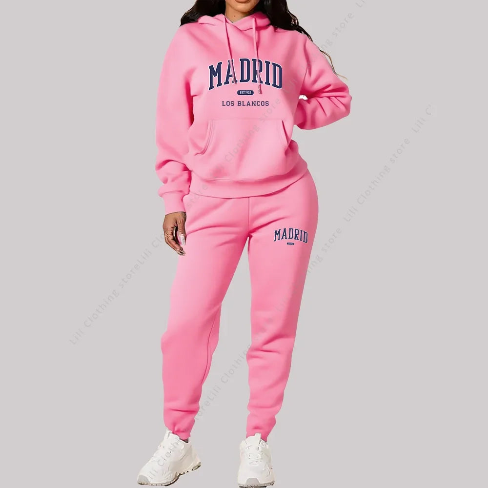 New Ladies TrackSuit Autumn Winter Hoodies Sweatshirts Sweatpants 2 Piece Outfits Madrid Print Trend Sportwear Women Pants Sets