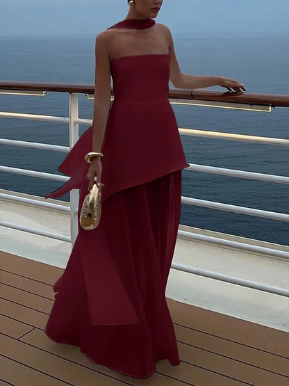 Summer New Women Dresses Streetwear Fashion Ribbon Zippers Split Maxi Dress Solid Sexy Sleeveless Strapless Lady Dress Clothing