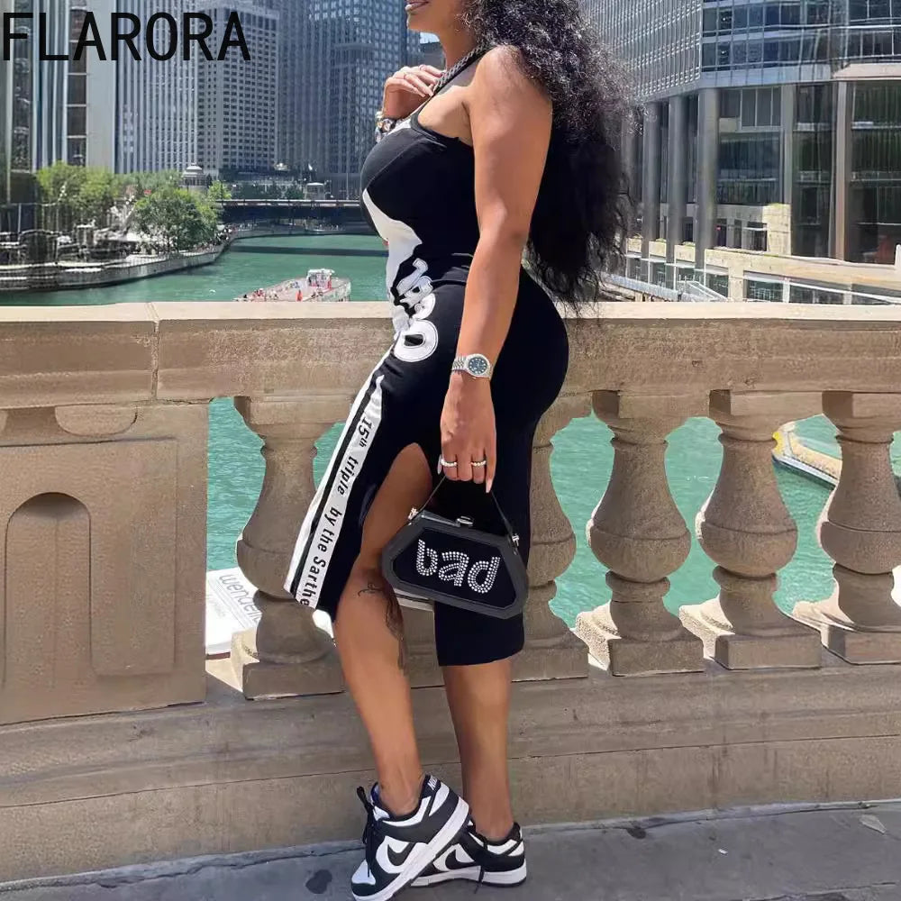 FLARORA Fashion Y2k Letter Print Bodycon Dresse Woman Round Neck Sleeveless Slim Fit Dress Female Streetwear Vestidos Summer New