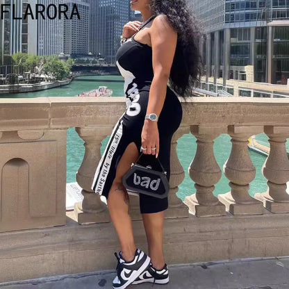 FLARORA Fashion Y2k Letter Print Bodycon Dresse Woman Round Neck Sleeveless Slim Fit Dress Female Streetwear Vestidos Summer New