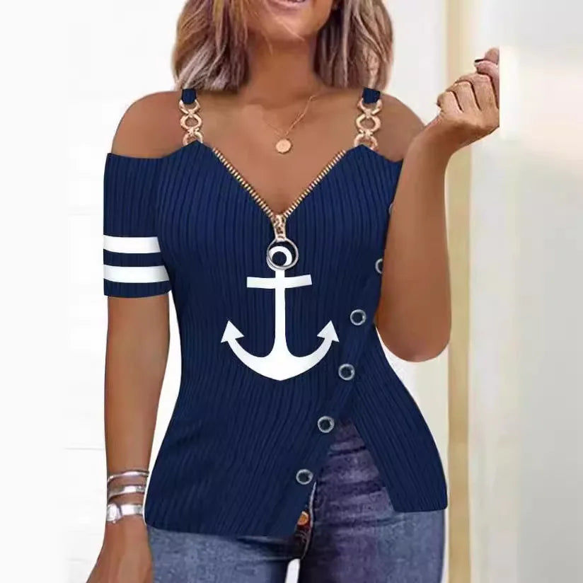 Blusas Para Mujer Print Zip Detail Split Hem Shoulder Top Women Short Sleeve Spring Summer T Shirt Tops Blouse Women Clothing