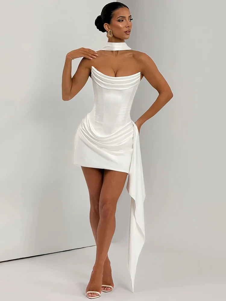 XIAOTANG Off-shoulder Strapless Sexy Mini Dress Women Elegant Sleeveless Backless High Waist Draped Ruched Club Party Dresses
