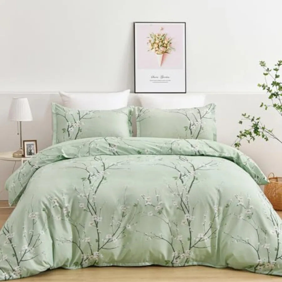 Sage Green Floral Duvet Cover Set Queen – Soft Microfiber, Modern Botanical Bedding with Yellow Accents