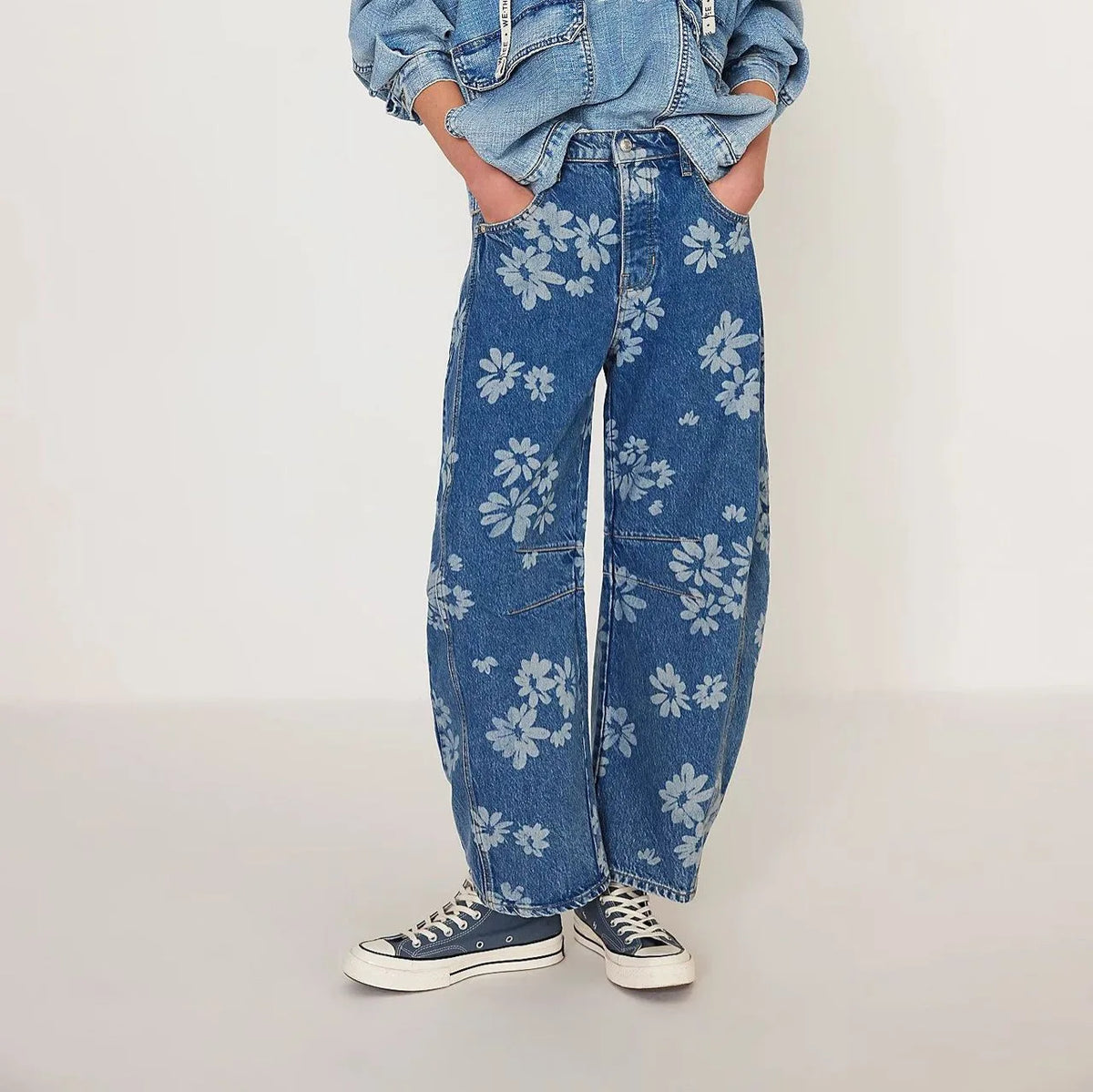 Boho Beach Blue Cotton Denim Jeans For Women Pants Casual loose Mid Waist Tube Shaped Women's Jeans Floral Printed Baggy Jeans