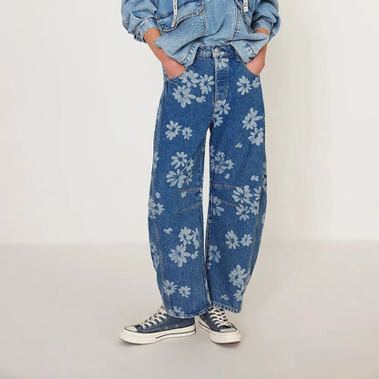 Boho Beach Blue Cotton Denim Jeans For Women Pants Casual loose Mid Waist Tube Shaped Women's Jeans Floral Printed Baggy Jeans