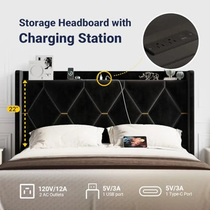 Luxury Velvet Bed Frame with Built-In USB Charging, Diamond Tufted Wingback Design