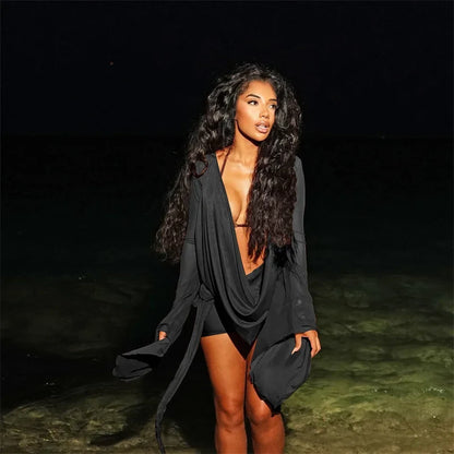 Sexy Mesh See Through Birthday Dress Women Night Club Party Flare Sleeve Ruched Deep V-neck Backless Bodycon Mini Dress Vestidos