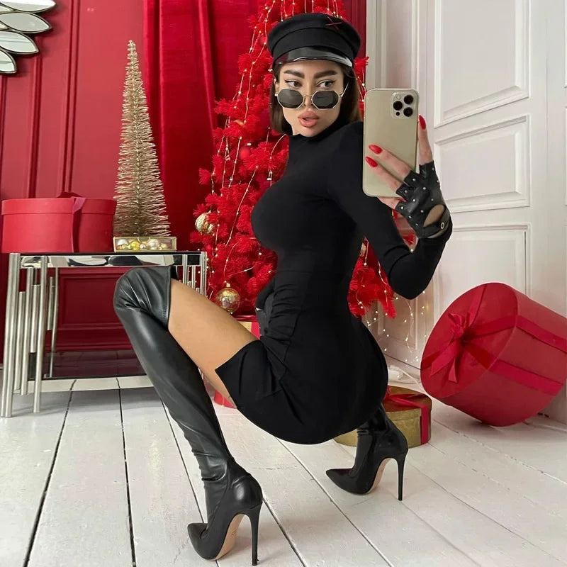 Women Spring Autumn Long Sleeve Bodycon Soild Color Black Slim Package Hip Sexy Mini Dress 2024 Female Clothing Streetwear Robe