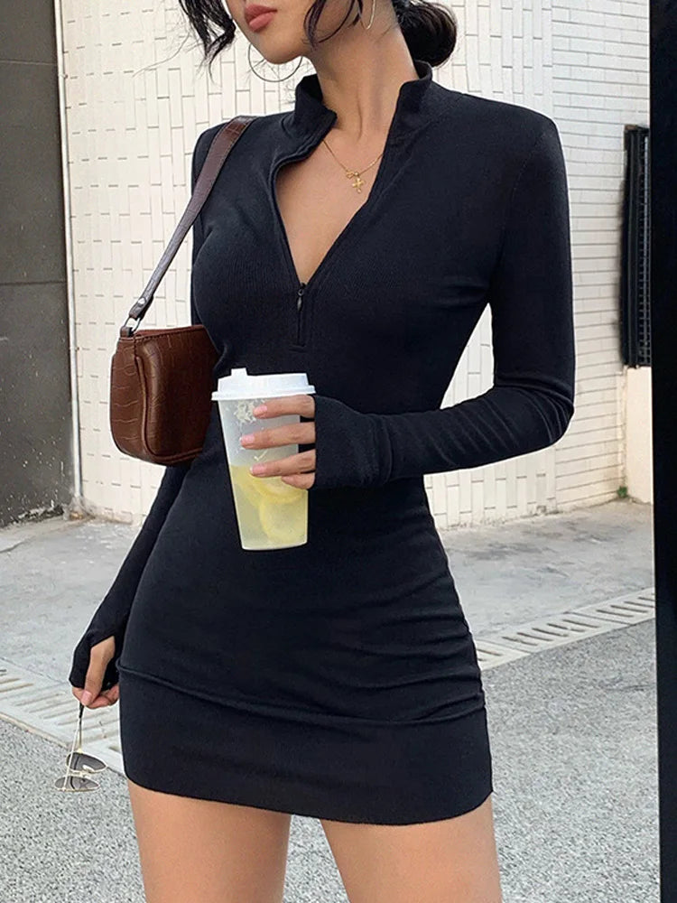 Spring Chic Women Simple  Elegant Black Party Dresses New Fashion Long Sleeve Sexy Bodycon Dress Slim High Waist Mini Dress