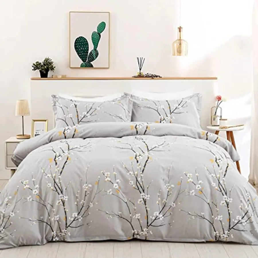 Sage Green Floral Duvet Cover Set Queen – Soft Microfiber, Modern Botanical Bedding with Yellow Accents