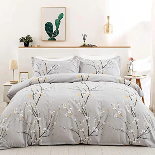 Sage Green Floral Duvet Cover Set Queen – Soft Microfiber, Modern Botanical Bedding with Yellow Accents