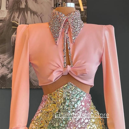 Exquisite Evening Dress Customized High Neck Long Sleeves Crystal Stone Two Piece Cocktail Party Gown Prom Dresses