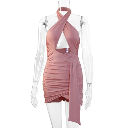 Summer New Sexy Halter Cross Hip Dress For Women Backless Pleated Cut-out Mini Party Dress Sleeveless Buttocks Bodycon Dress