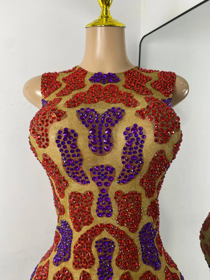 Sparkly Rhinestones Women Sexy Sleeveless Mesh See Through Mini Bodycon Birthday Dress Party Stage Wear Performance Costume