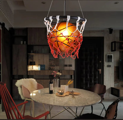 Retro Basketball Light Fixture – Industrial Style LED Hanging Lamp in Orange and Black for Man Cave