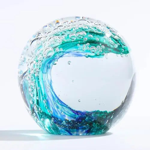 Hand-Blown Glass Paperweight - Unique Ocean Wave Design in Green & Sky Blue, 8cm Decor