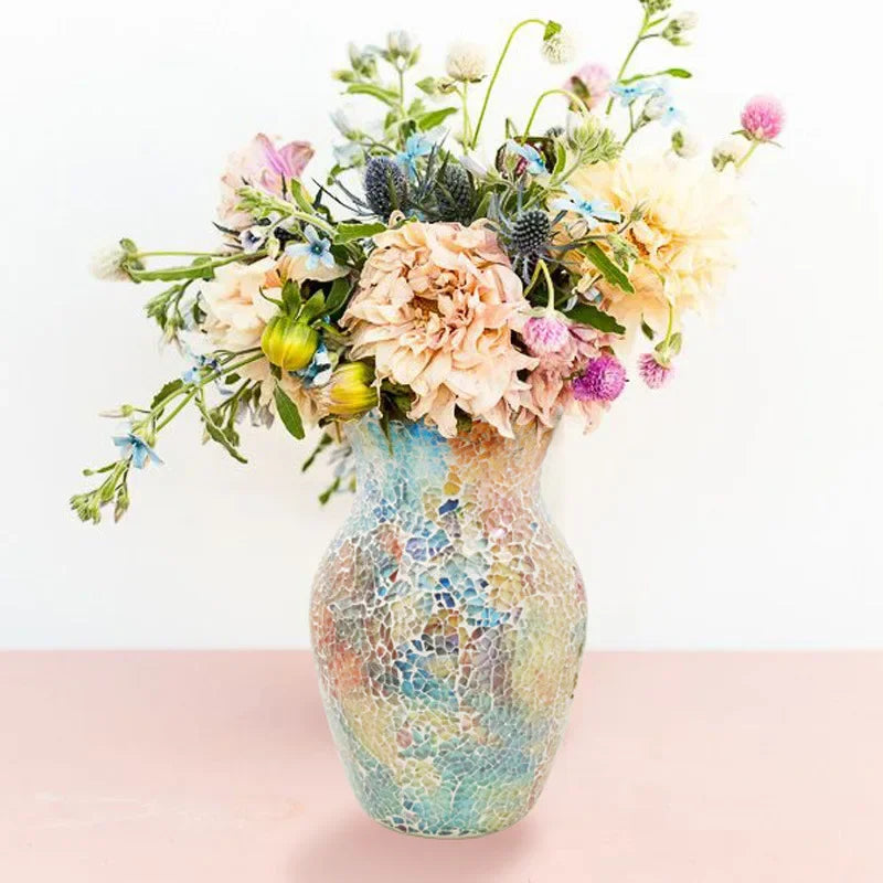 8" Handcrafted Glass Vase - Iridescent European Mosaic Design for Elegant Home Decor