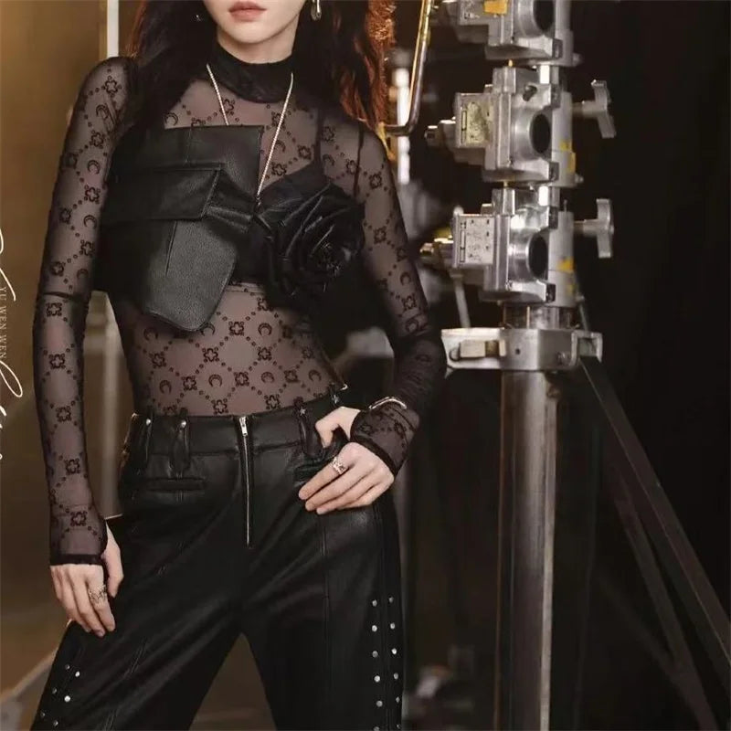 See Through Brand Women Tops Tulle Mesh Versatile Long Sleeve Moon Flocked Shirt Casual Thin  Blouses Y2k Sexy Sheer Blusas 959P