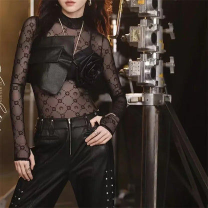 See Through Brand Women Tops Tulle Mesh Versatile Long Sleeve Moon Flocked Shirt Casual Thin  Blouses Y2k Sexy Sheer Blusas 959P
