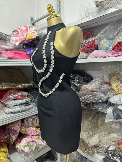 Red Black Color Women Sexy Off the Shoulder Shinning Crystal Bodycon Mini Bandage Dress Nightclub Party Bar Singer Birthday Wear