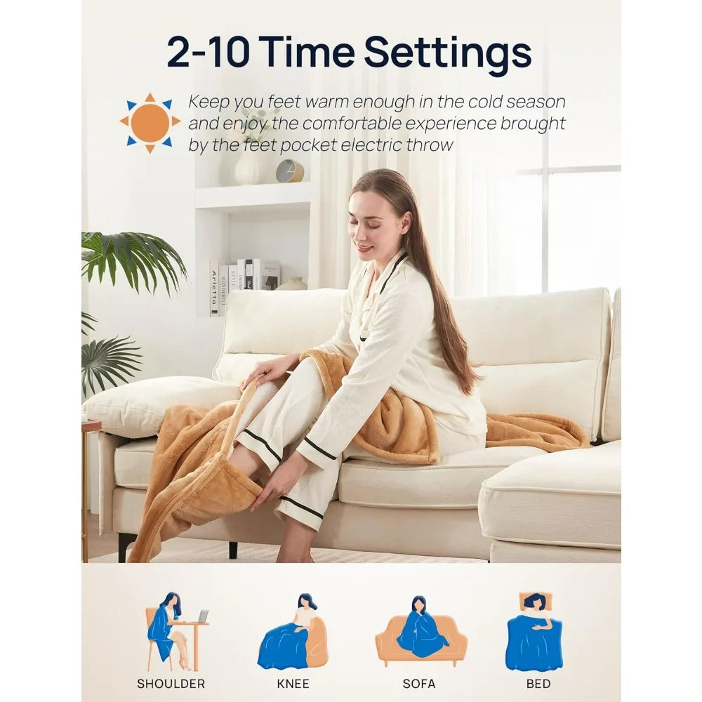 Cozy Flannel Sherpa Electric Blanket with 6 Heat Settings & Foot Pocket for Ultimate Comfort