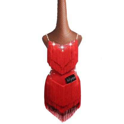 Latin Dance Dress Competition Costumes Skirt Performing Rhinestones Adult Children Tassel Various Color Red  White