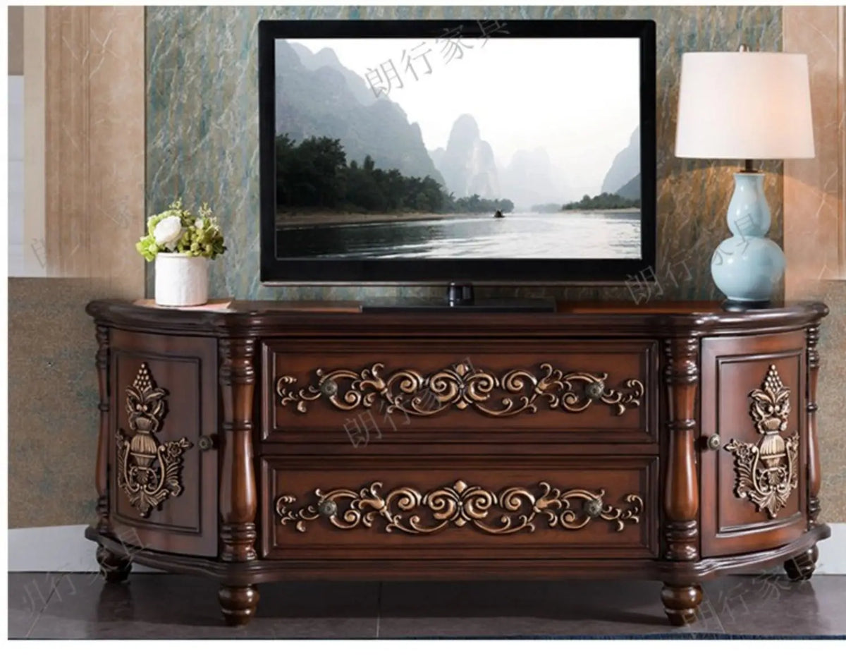 Traditional Birch Wood Media Console with 4 Drawers & Cabinets - Stylish Storage Solution