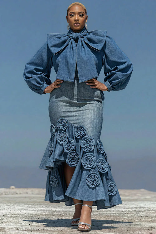 Plus Size Cocktail Party Blue Puff Sleeve Long Sleeve Bodycon Elegant Bow Tie Denim Two Piece Skirt Sets