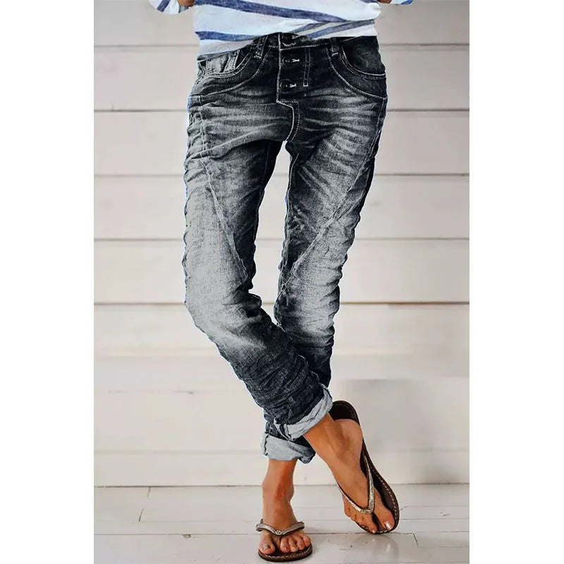 Jeans for Women Drawstring Elastic-waisted Jeans Casual Button Baggy Jeans Women Trousers Straight Women Wide-leg Pants Slouchy
