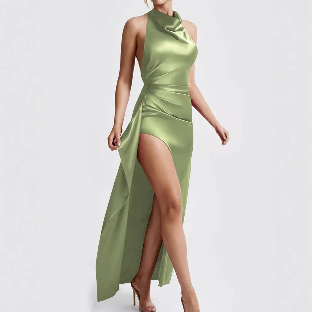 2026 New Arrival Women Round Neck Sexy Ruched Backless Bodycon Maxi Dress Split Long Dress