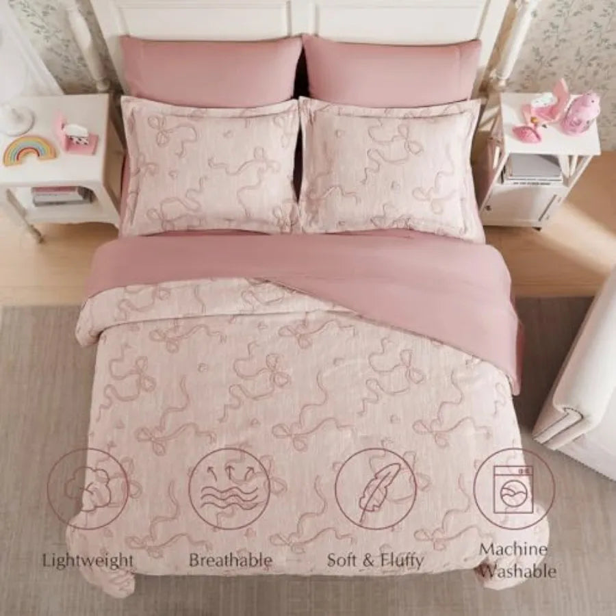 Blush Pink Comforter Set - 7 Piece Shabby Chic Bedding with 3D Bowknot Design & Soft Fabric