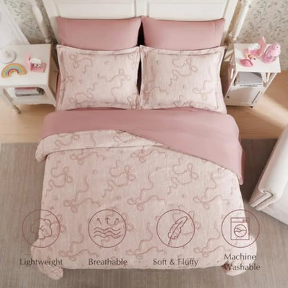Blush Pink Comforter Set - 7 Piece Shabby Chic Bedding with 3D Bowknot Design & Soft Fabric