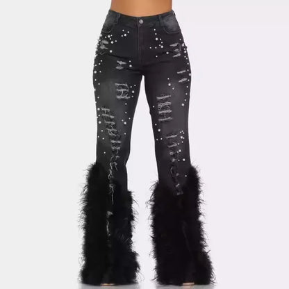 Tassel Holes Jeans Women's Vitnage Feather High Waist Y2K Streetwear Casual Denim Pant Spring Skinny Hollow Out Trousers