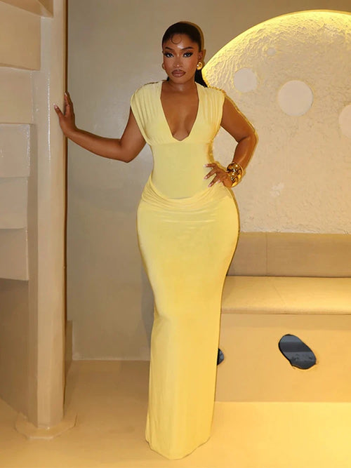 Sexy Ruched Bodycon Maxi Dress Women Solid Sleeveless V-Neck Slim Long Dresses Female Party Evening Clubwaer Evening 2026