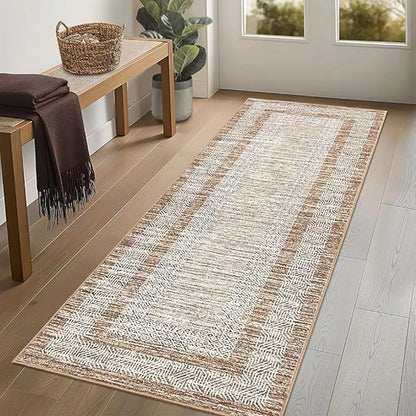 2x6 Runner Rug, Brown Geometric Washable Non-Slip Low-Pile Indoor Hallway Carpet