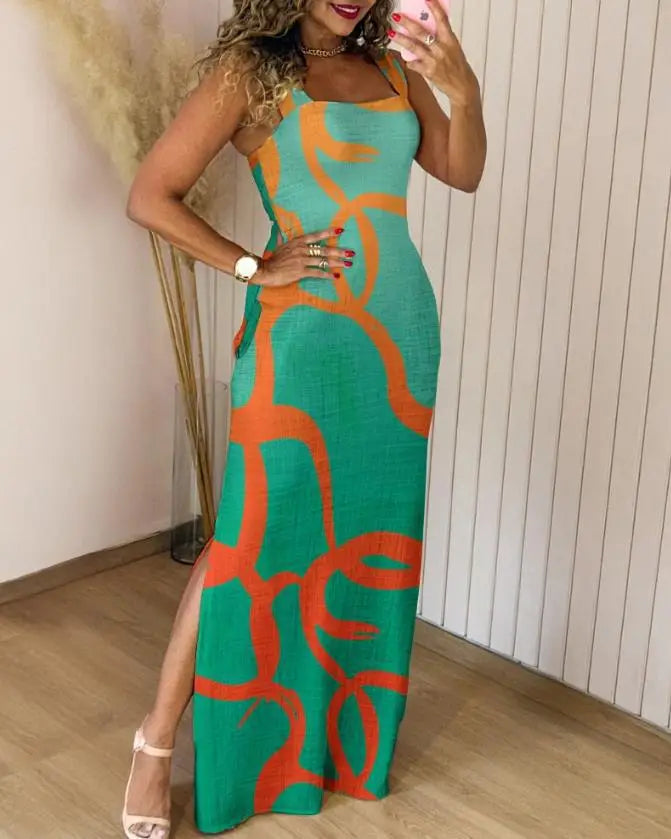 Sexy Slim Printed Dress Fashion Square Collar Suspender Side Split Long Dresses Spring Summer New Vacation Style Women Clothing