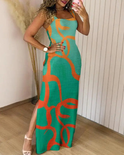 Sexy Slim Printed Dress Fashion Square Collar Suspender Side Split Long Dresses Spring Summer New Vacation Style Women Clothing