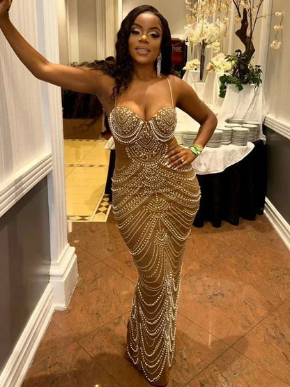 New Luxury Sparkly Crystal Rhinestone Pearl Celebrities Gown Brown Dress Woman Strap Evening Party Birthday Prom Wedding Vestido