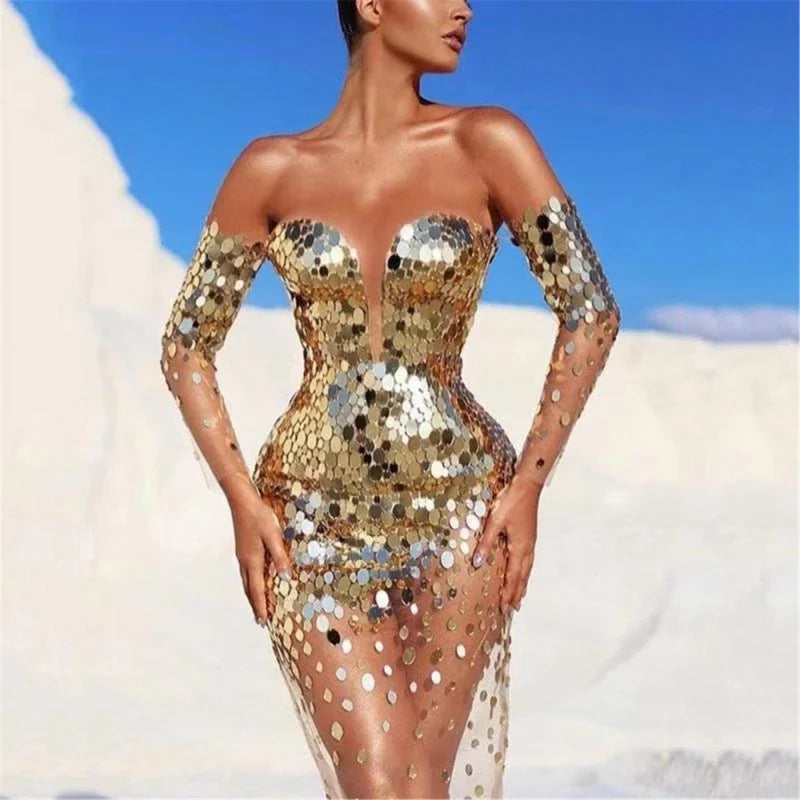 Long Sleeve Bare Shoulder Glitter Sequined Dress See Through Mesh Spliced Bodycon Party Cocktail Evening Dress for Women