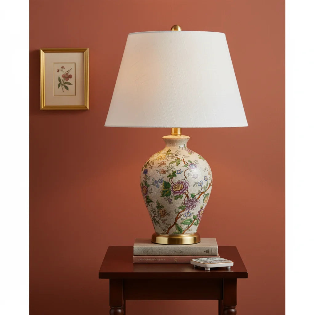 Elegant 24" Multicolor Table Lamp with Ceramic Floral Design & Gold Base - Home Decor Accent