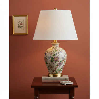 Elegant 24" Multicolor Table Lamp with Ceramic Floral Design & Gold Base - Home Decor Accent