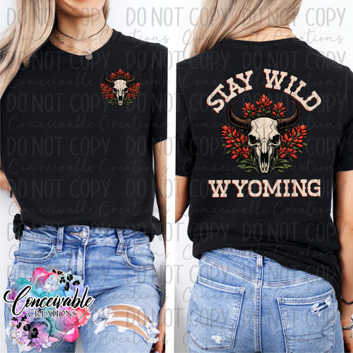 Stay Wild Wyoming Graphic Tee – Bison Skull & Indian Paintbrush Shirt