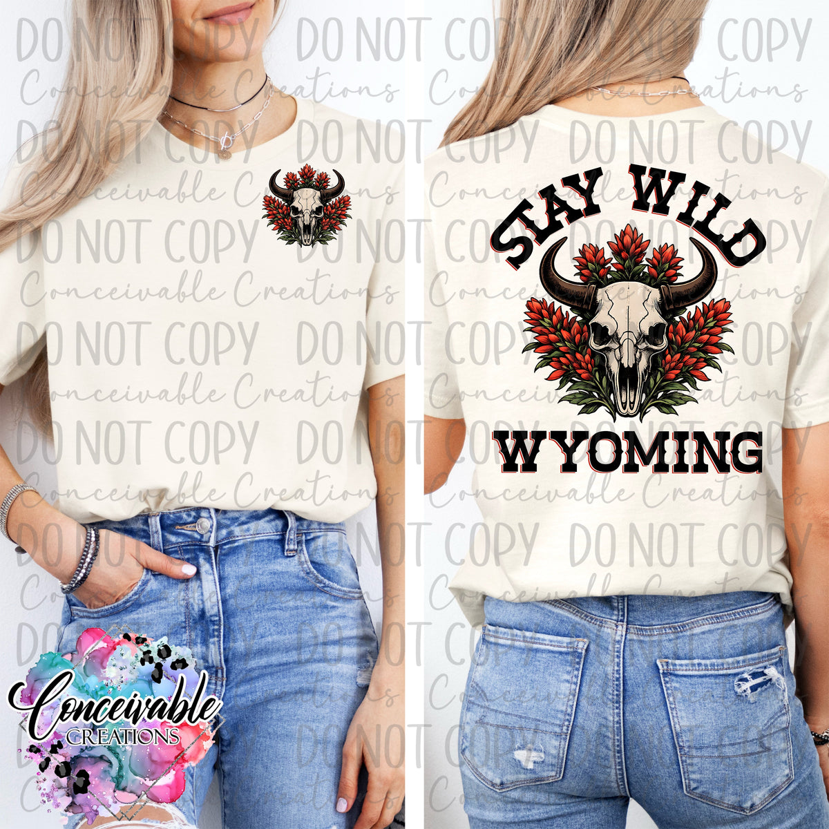 Stay Wild Wyoming Graphic Tee – Bison Skull & Indian Paintbrush Shirt