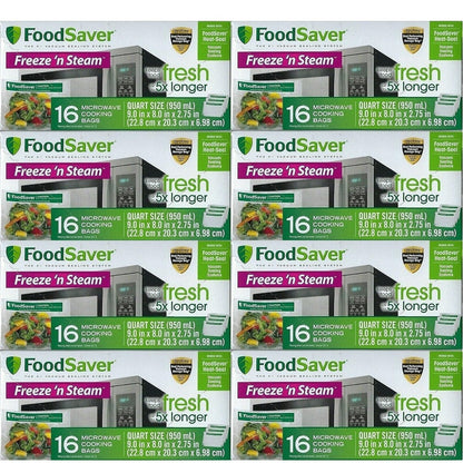 FoodSaver 1-Quart Freeze 'n Steam Microwavable Single-Cooking Bags, 16 Count, Clear (Pack of 8)
