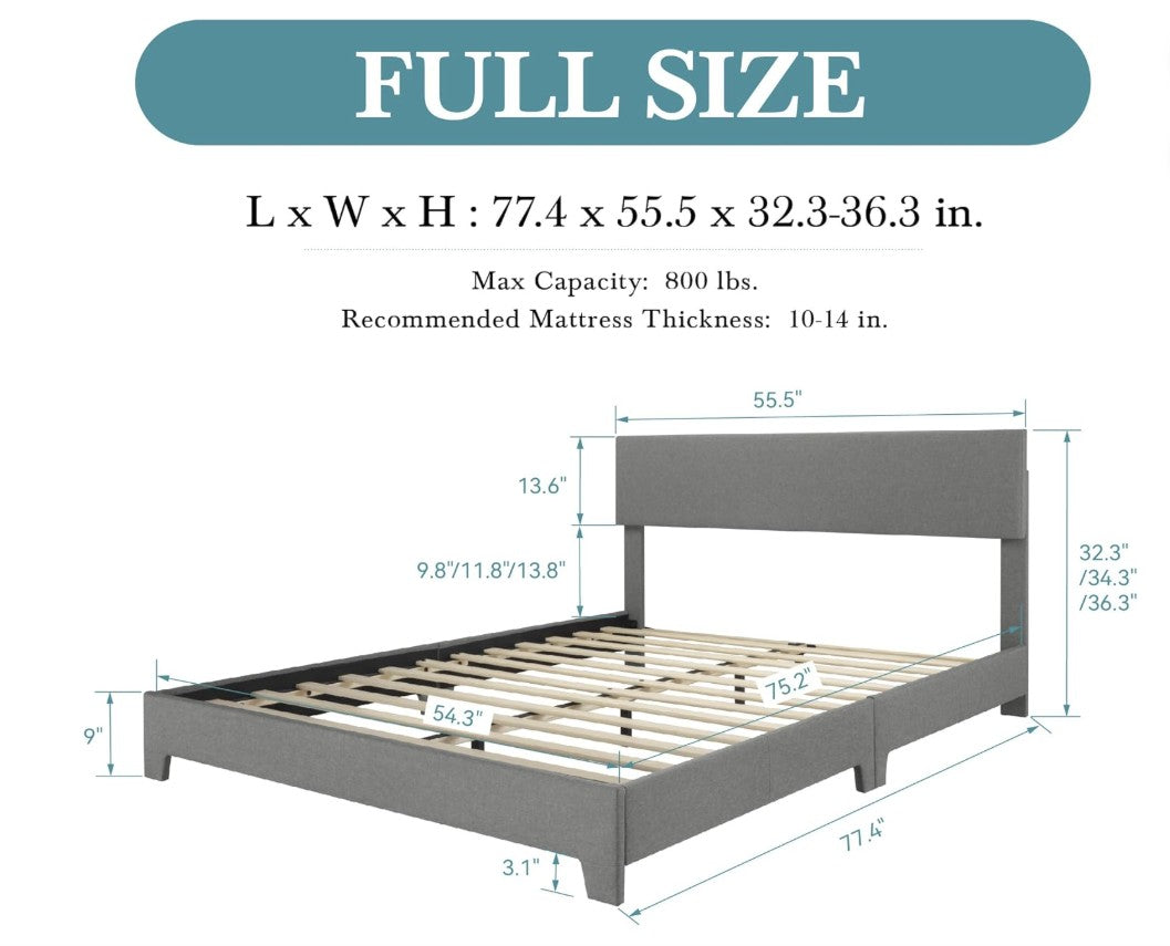 Upholstered Platform Bed with Adjustable Headboard, Modern Design, Noise-Free, No Box Spring Needed, Full/Queen/King