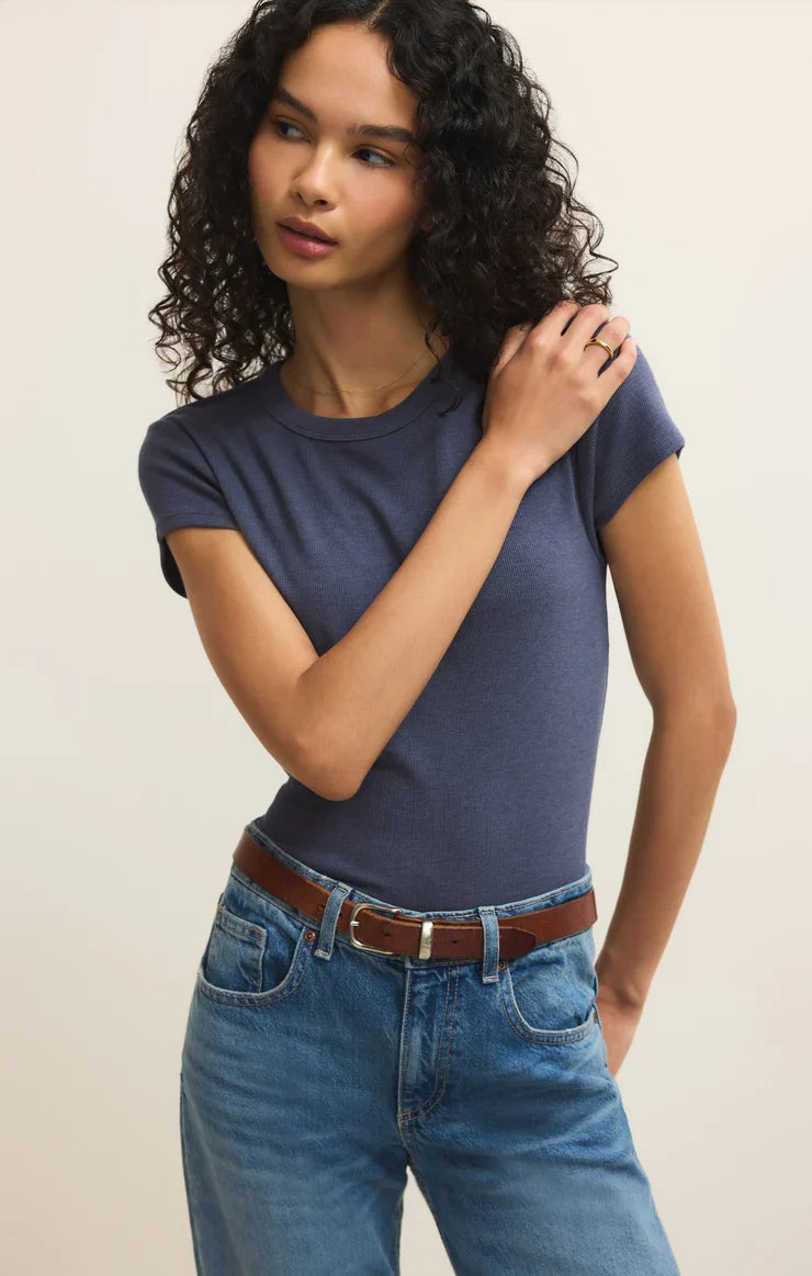 Renae Rib Short Sleeve Top- Indigo