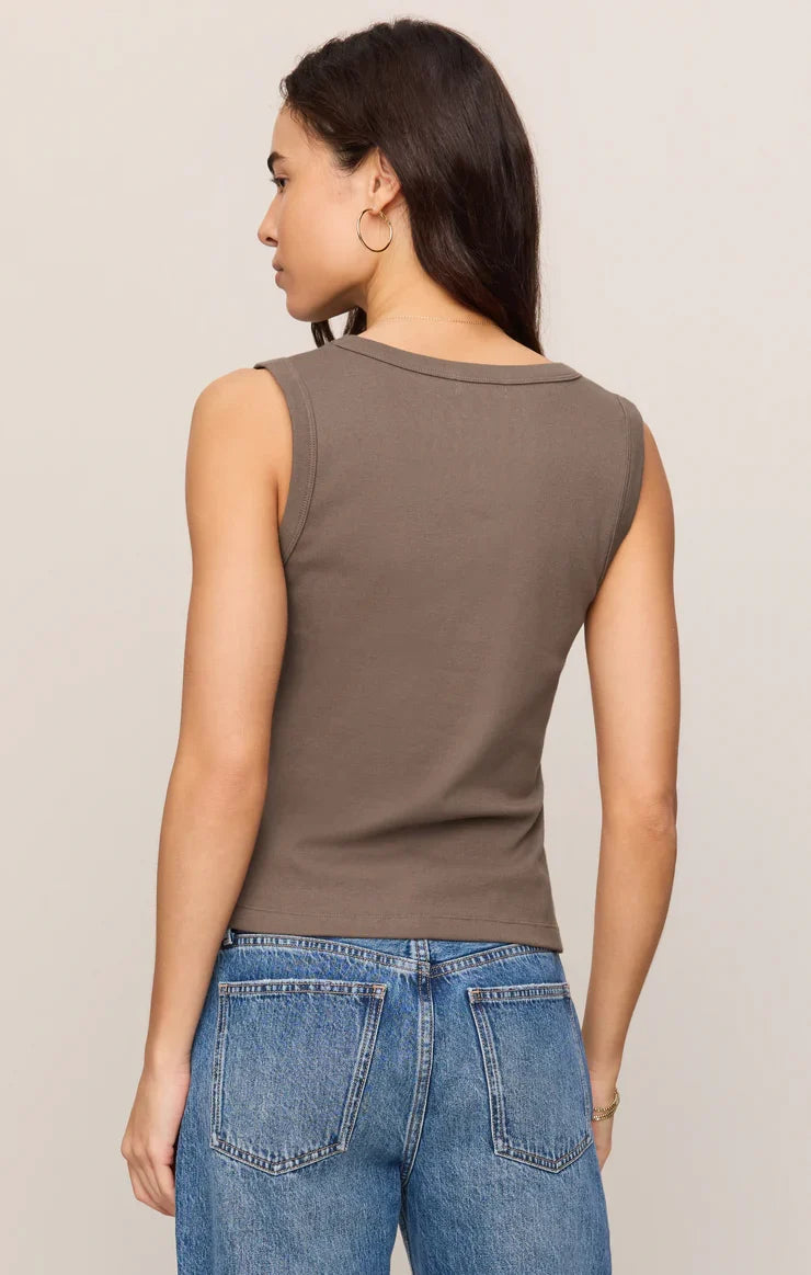 Ellie Rib V Neck Tank- Pebble Coast